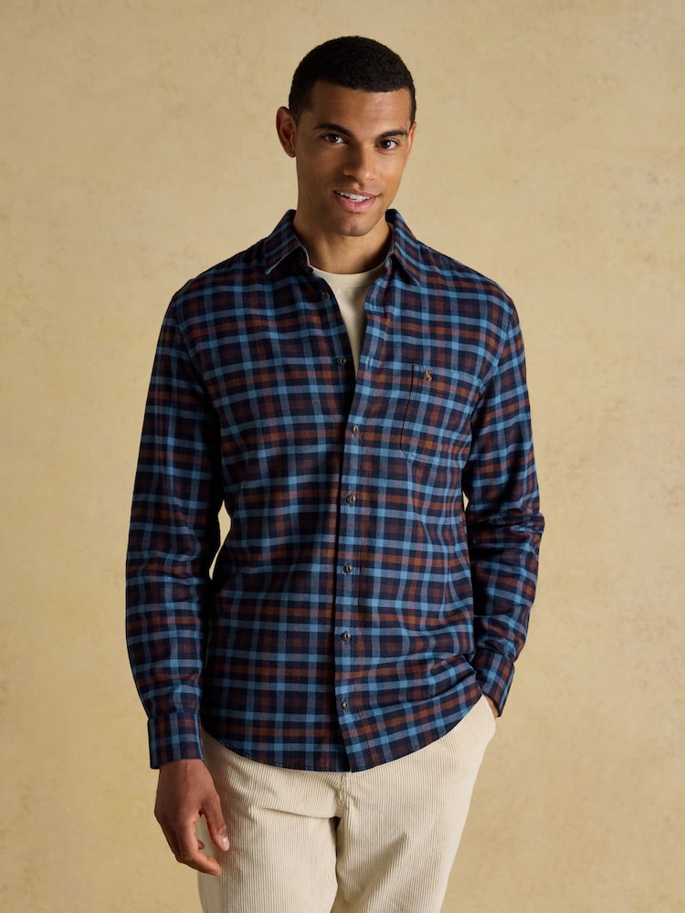 Brushed Flannel Brown/Navy Cotton Shirt - Image 1 of 8 Brushed Flannel Brown/Navy Cotton Shirt - Image 1 of 8