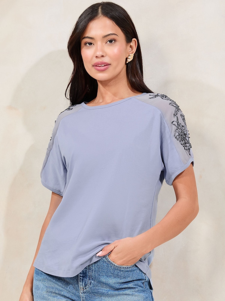 Lipsy Blue Embellished Sequin T-Shirt - Image 2 of 4 Lipsy Blue Embellished Sequin T-Shirt - Image 2 of 4