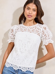 Lipsy White Lace Puff Sleeve T-Shirt - Image 1 of 4
