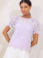 Lipsy Lilac Purple Lace Puff Sleeve T-Shirt - Image 1 of 4