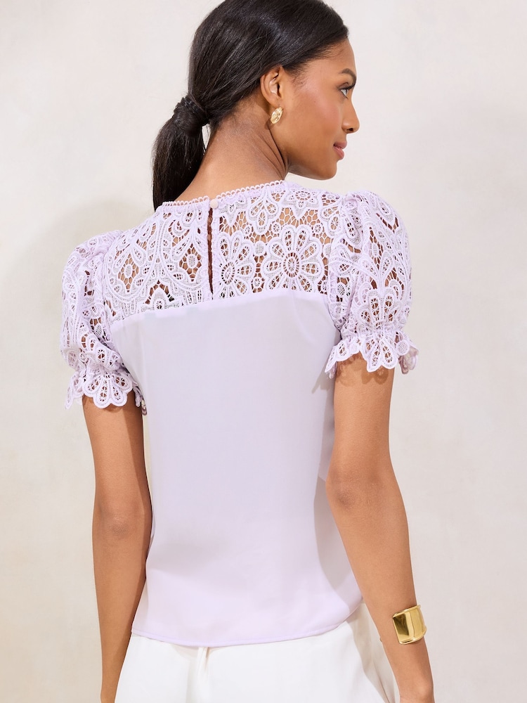 Lipsy Lilac Purple Lace Puff Sleeve T-Shirt - Image 4 of 4