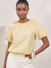 Lipsy Buttermilk Yellow Bubble Hem Puff Sleeve Embroidered T-Shirt - Image 1 of 4