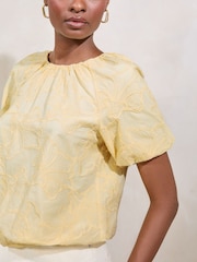 Lipsy Buttermilk Yellow Bubble Hem Puff Sleeve Embroidered T-Shirt - Image 2 of 4