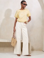 Lipsy Buttermilk Yellow Bubble Hem Puff Sleeve Embroidered T-Shirt - Image 3 of 4