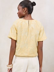 Lipsy Buttermilk Yellow Bubble Hem Puff Sleeve Embroidered T-Shirt - Image 4 of 4