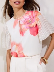 Lipsy Cream Printed Chiffon Angel Sleeve Blouse - Image 1 of 4