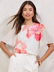 Lipsy Cream Printed Chiffon Angel Sleeve Blouse - Image 2 of 4