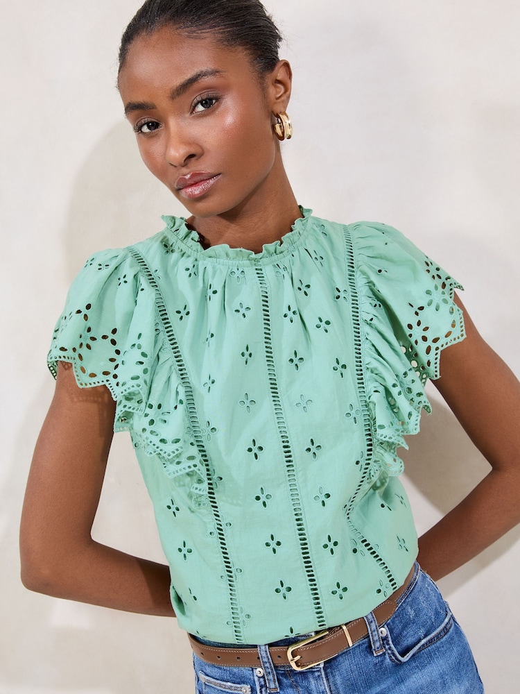 Verde - Lipsy Broderie Ruffle 100% Cotton T-Shirt - Imagen 1 de 4