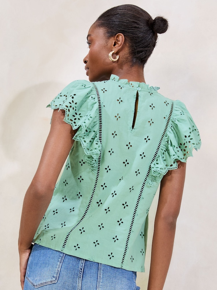 Verde - Lipsy Broderie Ruffle 100% Cotton T-Shirt - Imagen 4 de 4