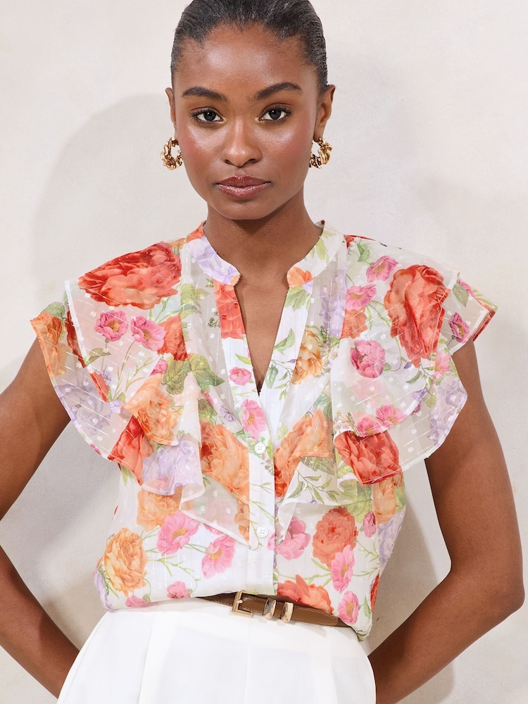 Lipsy White Printed Ruffle Short Sleeve Grandad Collar Top - Image 1 of 4