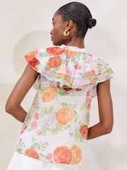 Lipsy White Printed Ruffle Short Sleeve Grandad Collar Top - Image 4 of 4