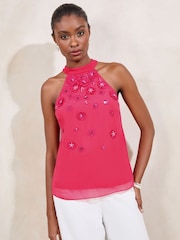 Lipsy Pink 3D Embellished Lower Halter Neck Top - Image 1 of 4