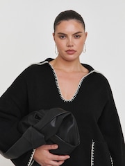 Simply Be Black Contrast Stitch Pocket Collar V-Neck Jumper - Image 1 of 6