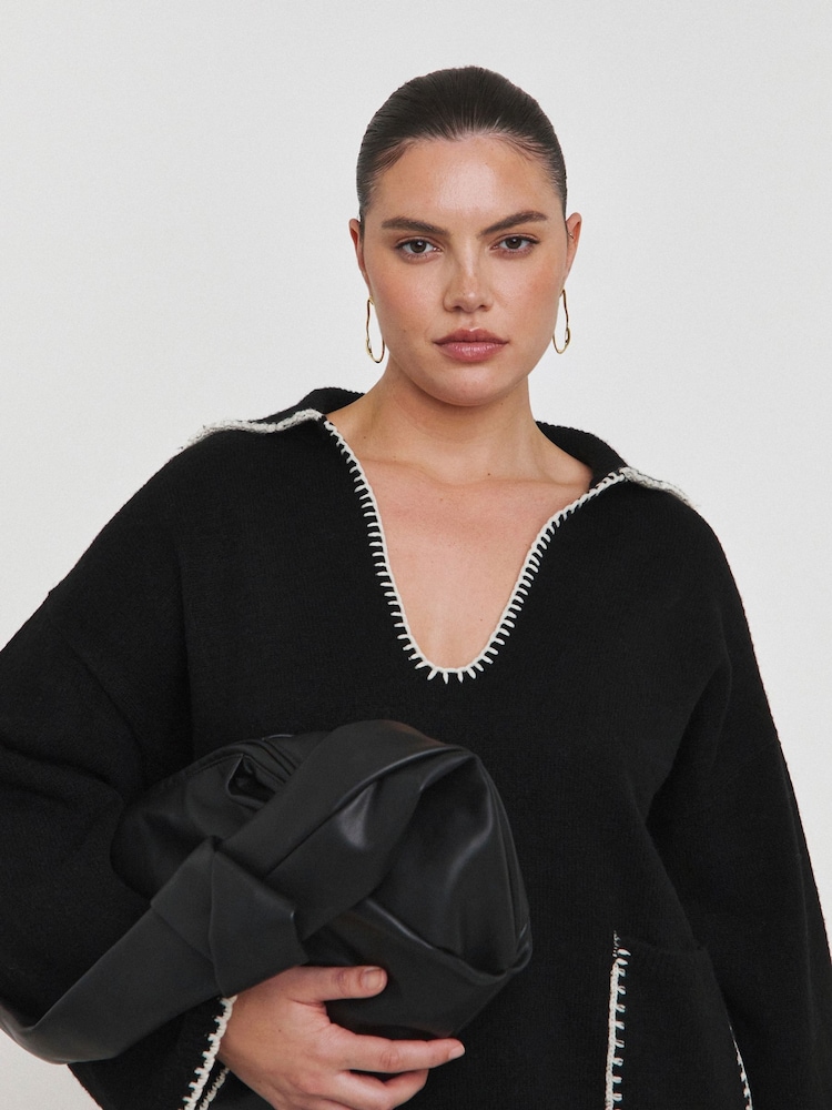Simply Be Black Contrast Stitch Pocket Collar V-Neck Jumper - Image 1 of 6