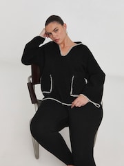 Simply Be Black Contrast Stitch Pocket Collar V-Neck Jumper - Image 2 of 6