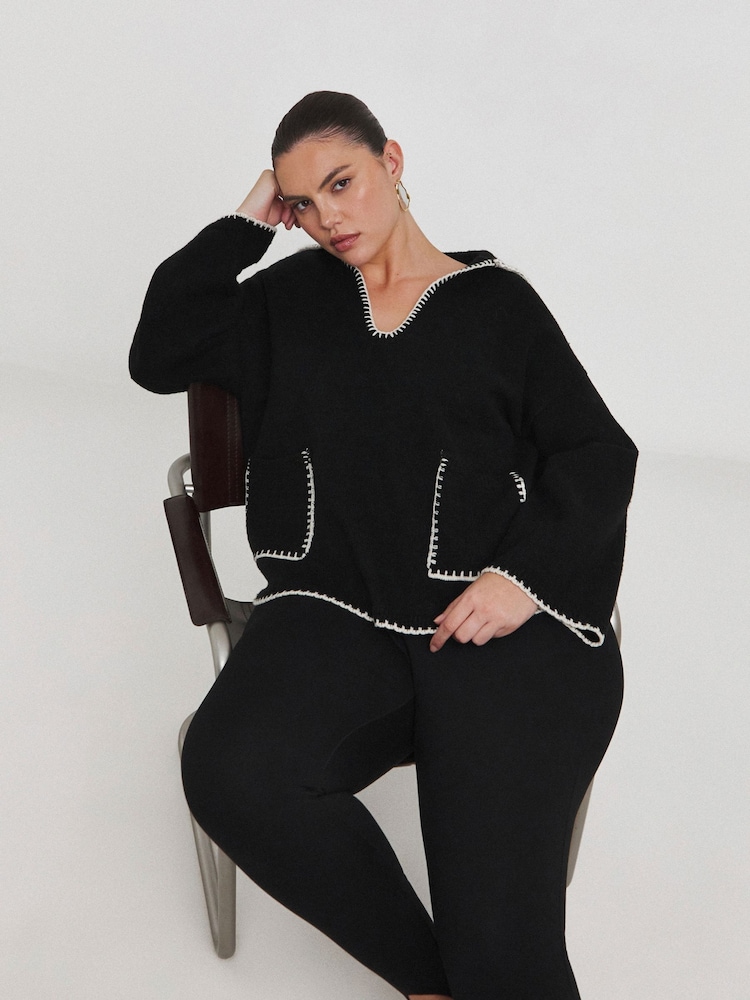 Simply Be Black Contrast Stitch Pocket Collar V-Neck Jumper - Image 2 of 6