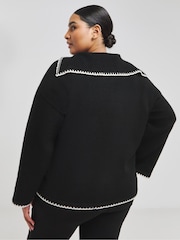 Simply Be Black Contrast Stitch Pocket Collar V-Neck Jumper - Image 3 of 6