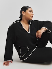 Simply Be Black Contrast Stitch Pocket Collar V-Neck Jumper - Image 4 of 6