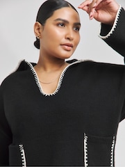 Simply Be Black Contrast Stitch Pocket Collar V-Neck Jumper - Image 5 of 6