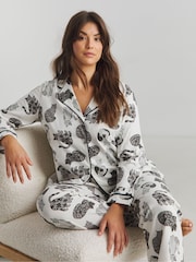 Simply Be White 100% Cotton Pretty Secrets Button Through Cat Print Pyjamas - Image 1 of 4