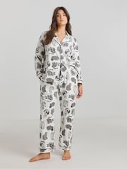 Simply Be White 100% Cotton Pretty Secrets Button Through Cat Print Pyjamas - Image 4 of 4