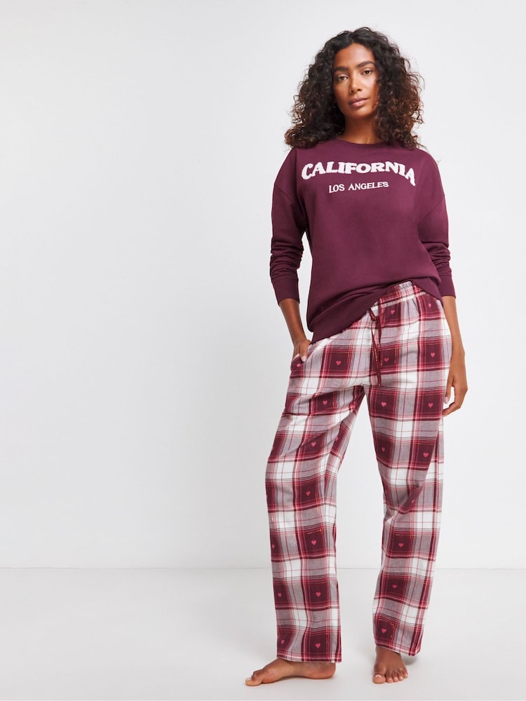 Simply Be Red 100% Cotton Sweatshirt With Woven Pyjamas Bottoms - Image 1 of 3