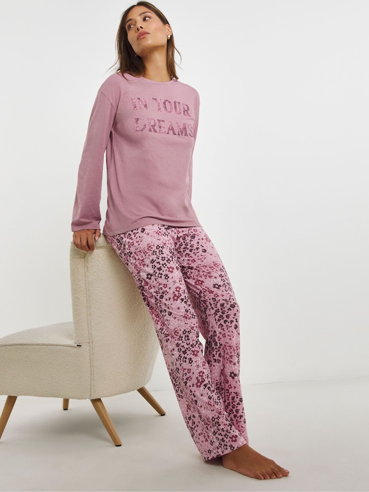 Simply Be Pink Pretty Secrets Value Long Sleeve Pyjama Set - Image 1 of 4