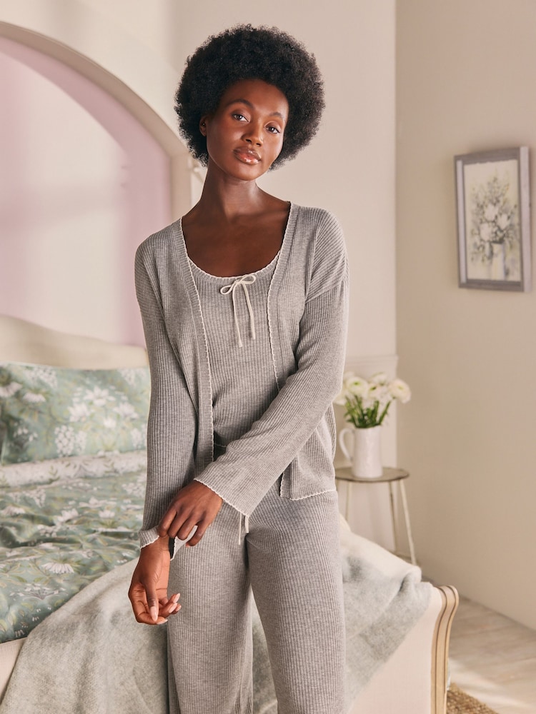 Laura Ashley Charcoal Grey Ribbed Short Lounge Cardigan - Image 1 of 5