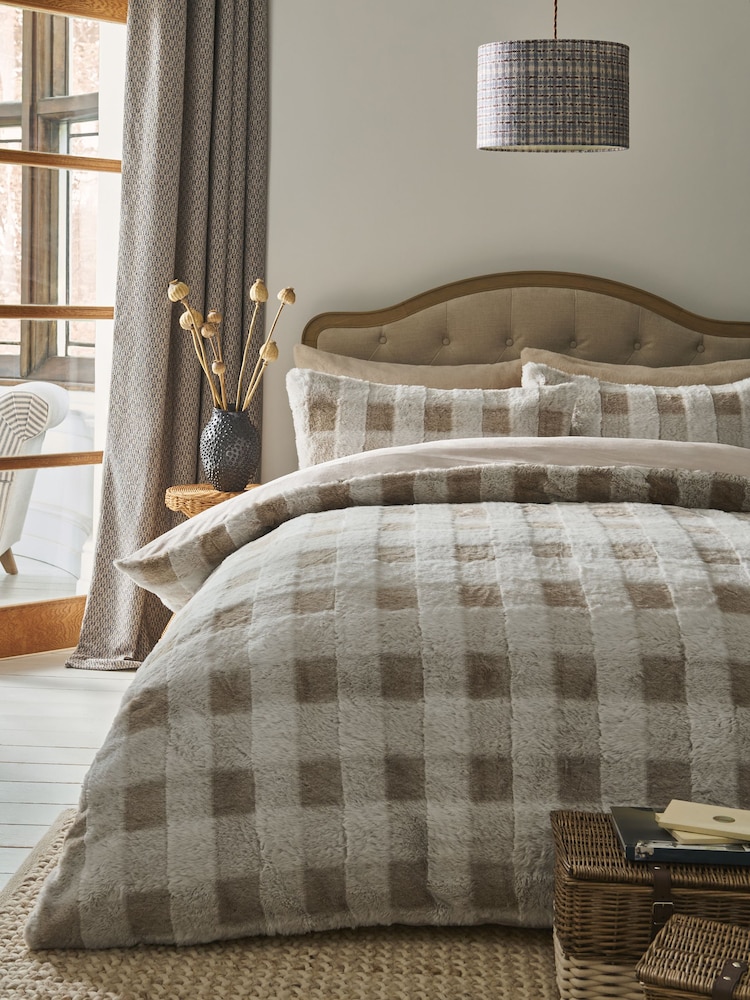 Natural Cosy Faux Fur Check Duvet Cover and Pillowcase Set - Image 2 of 6