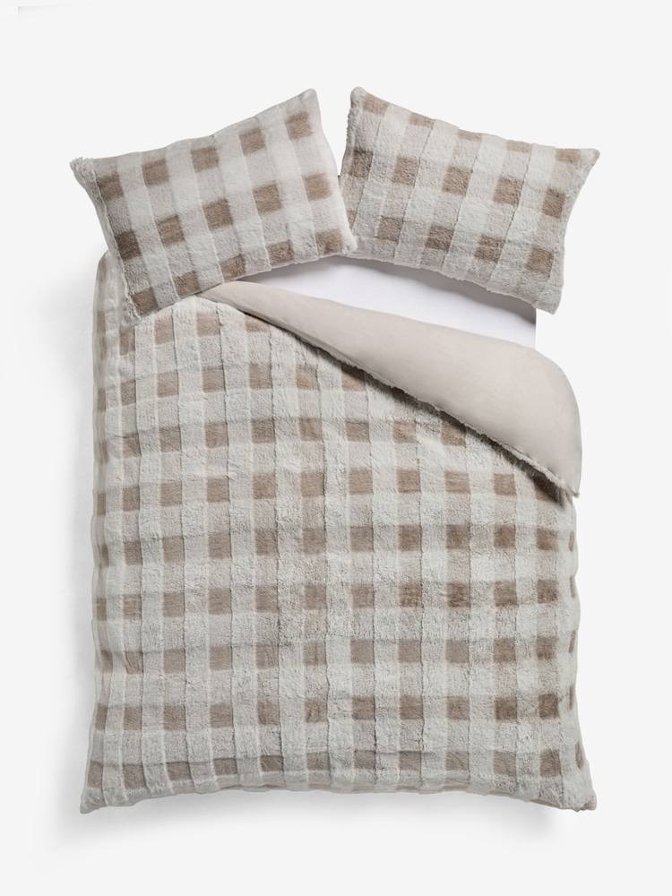 Natural Cosy Faux Fur Check Duvet Cover and Pillowcase Set - Image 6 of 6