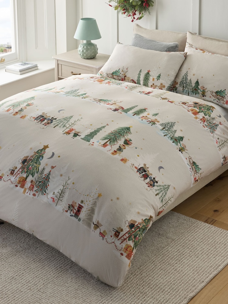 Natural Mouse Town Christmas Duvet Cover and Pillowcase Set - Image 1 of 5