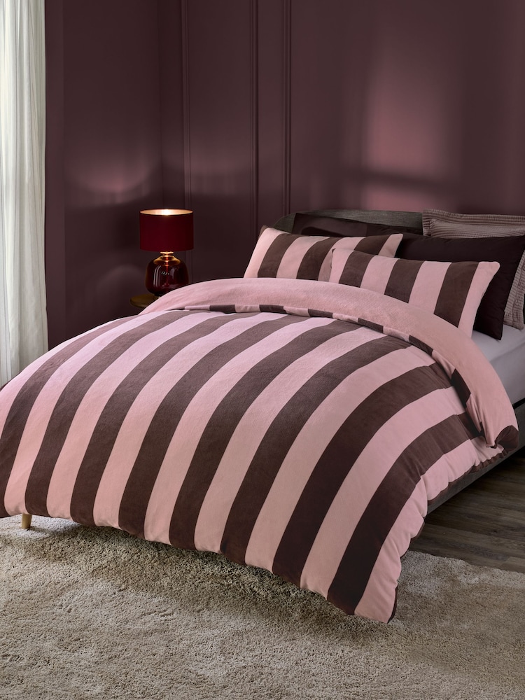 Pink Stripe Fleece Duvet Cover and Pillowcase Set - Image 1 of 4