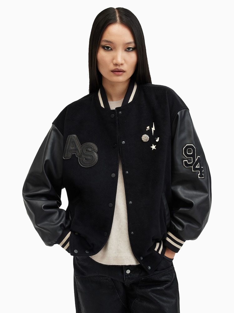 AllSaints Black Valeria Varsity Jacket - Image 2 of 9