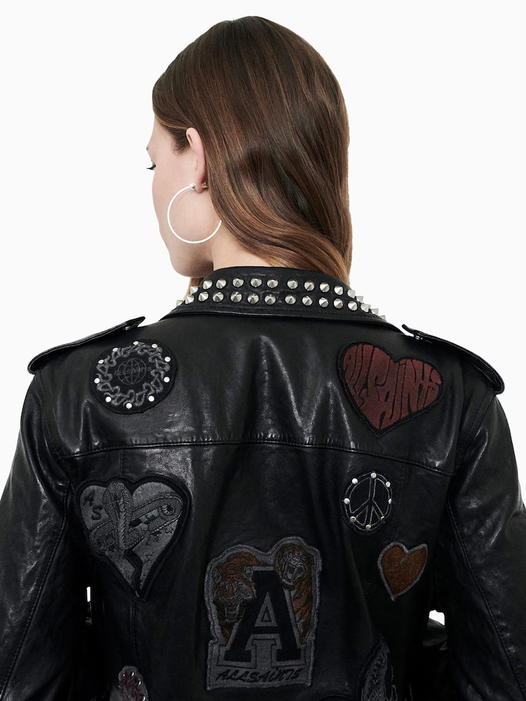 AllSaints Black College Black Relaxed Fit Studded Leather Biker Jacket - Image 10 of 11
