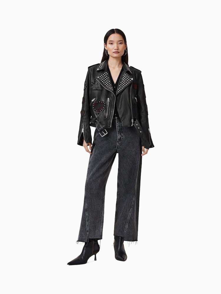 AllSaints Black College Black Relaxed Fit Studded Leather Biker Jacket - Image 3 of 11