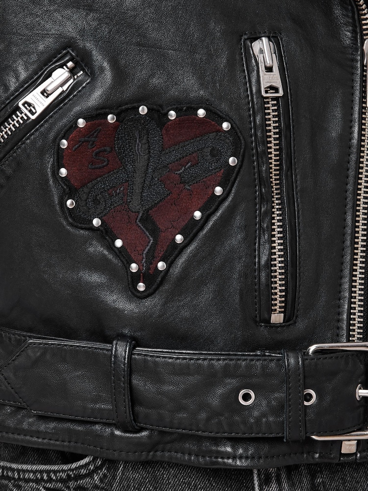 AllSaints Black College Black Relaxed Fit Studded Leather Biker Jacket - Image 7 of 11