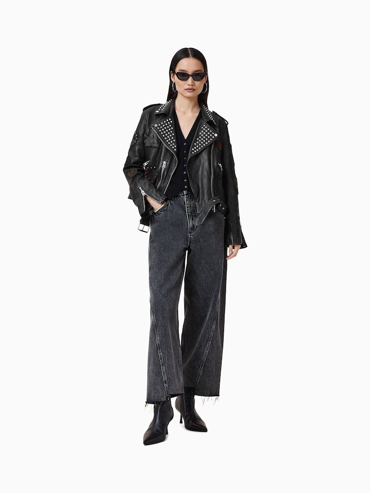 AllSaints Black College Black Relaxed Fit Studded Leather Biker Jacket - Image 8 of 11