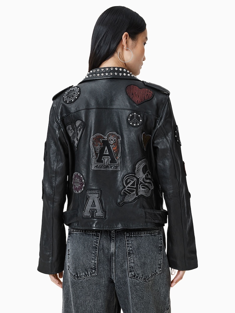 AllSaints Black College Black Relaxed Fit Studded Leather Biker Jacket - Image 9 of 11