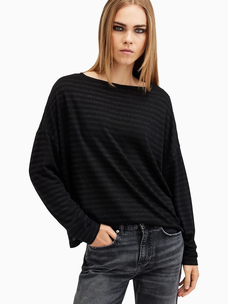 AllSaints Black Rita Stripe T-Shirt - Image 1 of 6 AllSaints Black Rita Stripe T-Shirt - Image 1 of 6