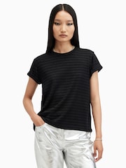 AllSaints Black Anna Stripe T-Shirt - Image 1 of 5