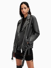 AllSaints Black Billie Conical Biker Jacket - Image 2 of 7