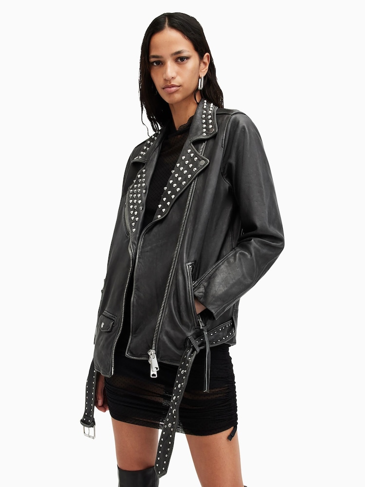 AllSaints Black Billie Conical Biker Jacket - Image 2 of 7