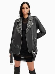 AllSaints Black Billie Conical Biker Jacket - Image 4 of 7