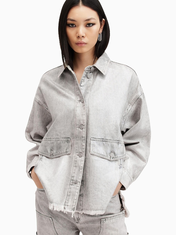 AllSaints Silver Hettie Denim Shacket - Image 1 of 8