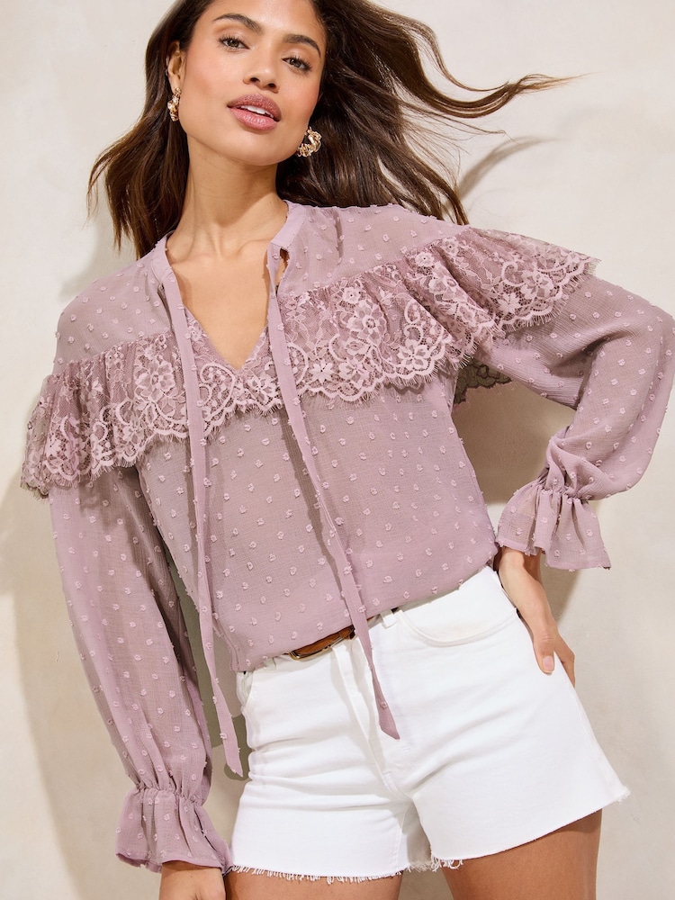 Lipsy Lilac Lace Detail Tie Neck Long Sleeve Blouse - Image 1 of 4