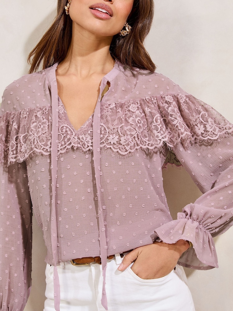 Lipsy Lilac Lace Detail Tie Neck Long Sleeve Blouse - Image 2 of 4
