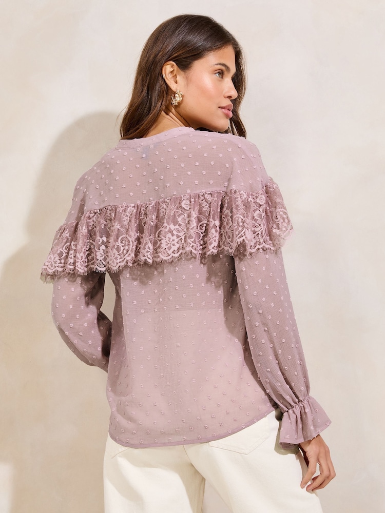 Lipsy Lilac Lace Detail Tie Neck Long Sleeve Blouse - Image 4 of 4