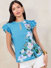 Lipsy Blue Printed Keyhole Detail Shell Top - Image 2 of 4