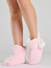 Loungeable Pink Textured Faux Fur Booties With Poms - Image 2 of 3
