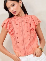 Rosa - Lipsy Broderie Ruffle 100% Cotton T-Shirt - Imagen 1 de 4